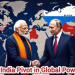 Shah Times illustration of Trump, Modi and Putin with world map showing USA, Russia, and China in a global power game.