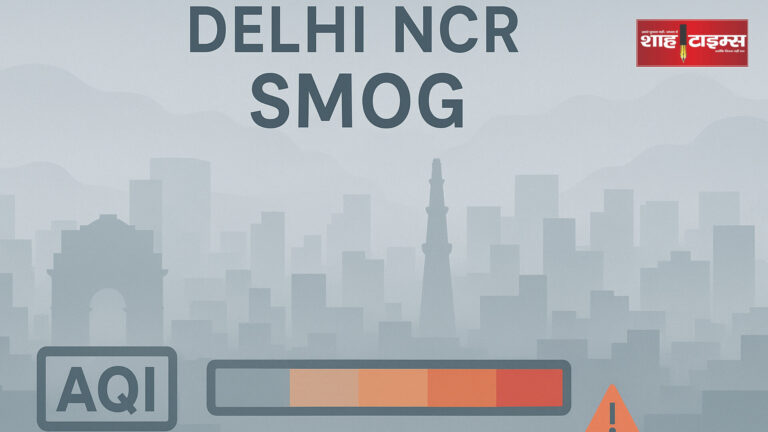 Editorial illustration of Delhi NCR smog and AQI crisis with city skyline – Shah Times