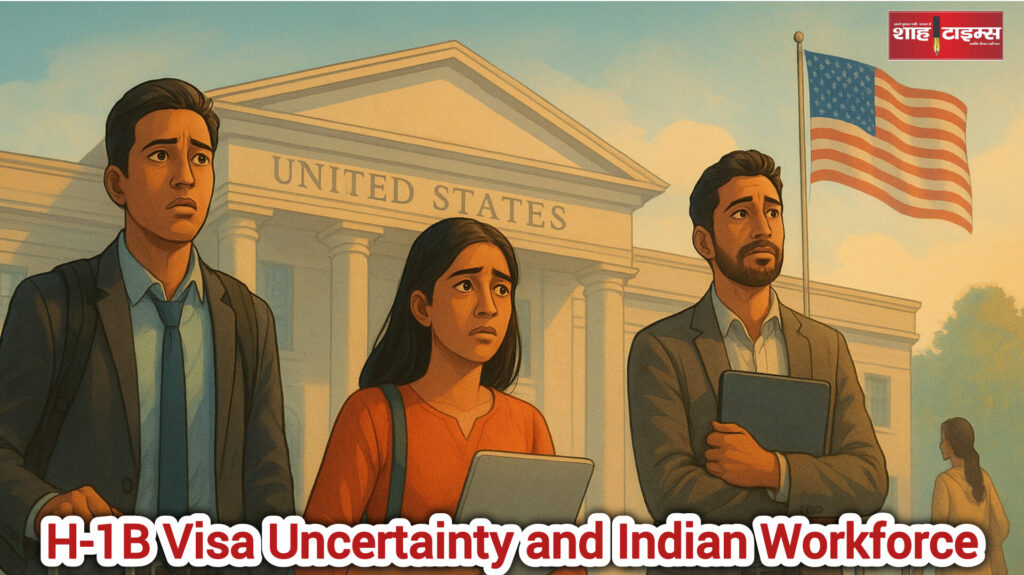 Editorial visual showing the uncertainty around H-1B visas for Indian professionals and families. Shah Times
