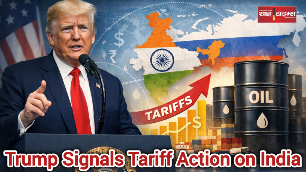 Shah Times image showing Donald Trump, oil barrels, and global trade symbols