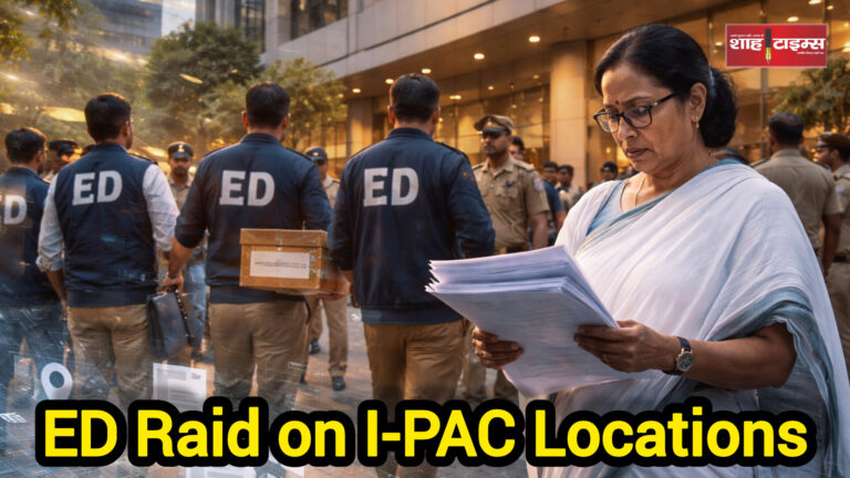 Shah Times editorial image depicting ED raids at I-PAC linked locations as part of a money laundering investigation.