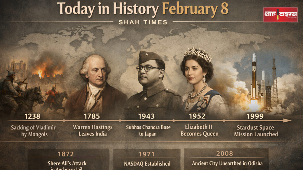 February 8 historical events timeline graphic by Shah Times
