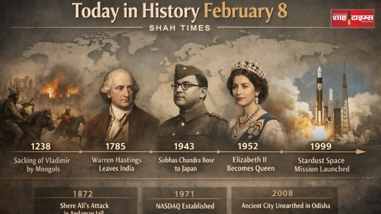 February 8 historical events timeline graphic by Shah Times
