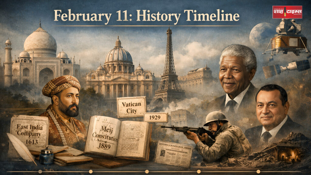 A visual timeline highlighting important global and Indian events of February 11. Shah Times