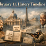 A visual timeline highlighting important global and Indian events of February 11. Shah Times