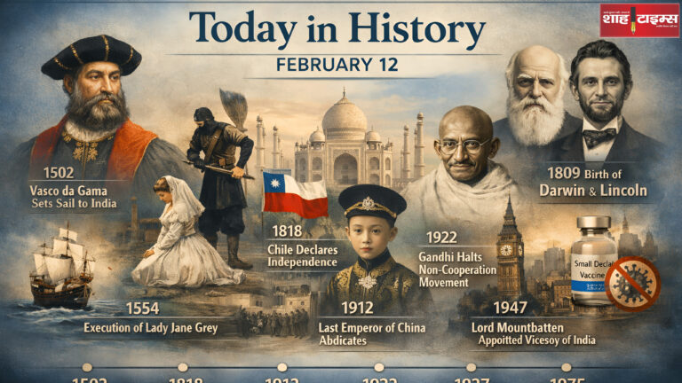 visual timeline highlighting major global and Indian events of February 12 – Shah Times