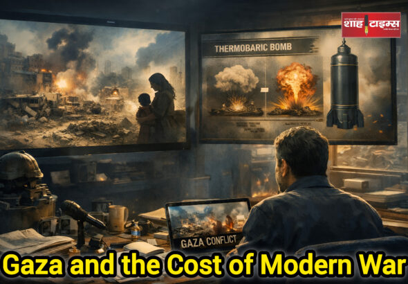 Editorial illustration of Gaza conflict and thermobaric weapons impact, Shah Times