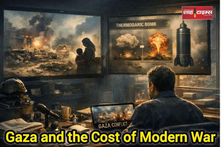 Editorial illustration of Gaza conflict and thermobaric weapons impact, Shah Times