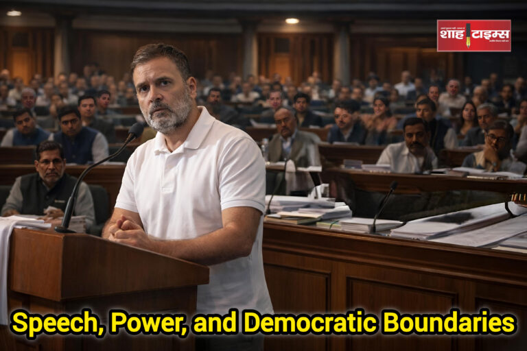 A symbolic view of parliamentary debate and democratic tension surrounding Rahul Gandhi. Shah Times
