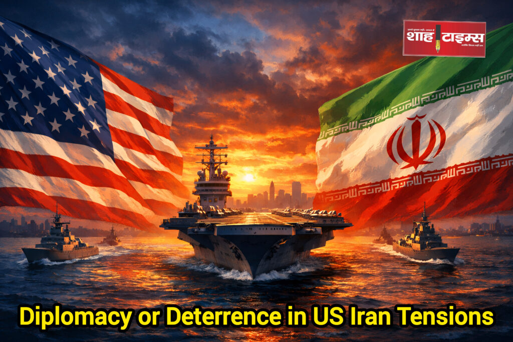 US and Iran flags with military ships in background editorial concept Shah Times Image Meta Description