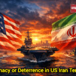 US and Iran flags with military ships in background editorial concept Shah Times Image Meta Description
