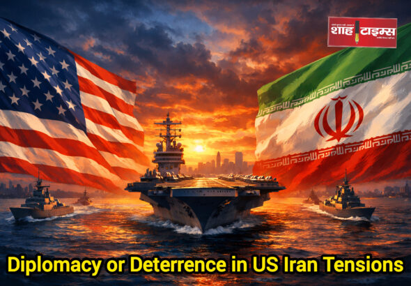 US and Iran flags with military ships in background editorial concept Shah Times Image Meta Description
