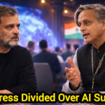 Shah Times editorial illustration showing political debate on AI Summit in India