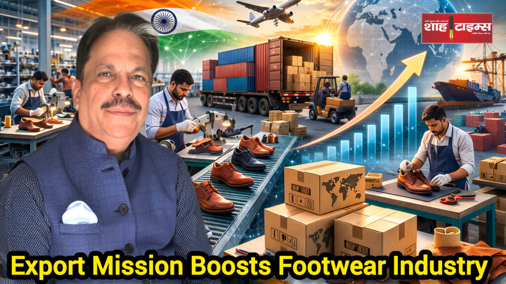 Footwear manufacturing unit with workers and export infographic overlay – Shah Times