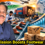 Footwear manufacturing unit with workers and export infographic overlay – Shah Times