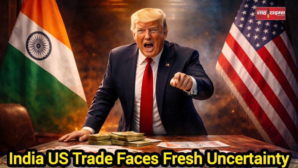 Editorial illustration on India US tariff tension by Shah Times