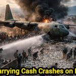 Military Hercules C-130 plane crash site with scattered banknotes on highway in Bolivia, Shah Times report