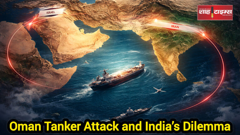 Editorial illustration of India, Israel and Iran with oil tanker in Arabian Sea, Shah Times