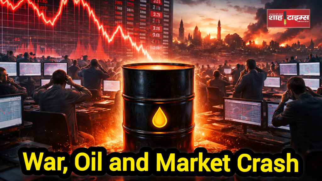 Stock market crash screen with oil price surge graphics during Middle East conflict Shah Times