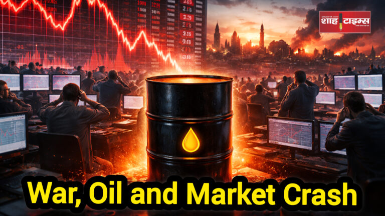 Stock market crash screen with oil price surge graphics during Middle East conflict Shah Times