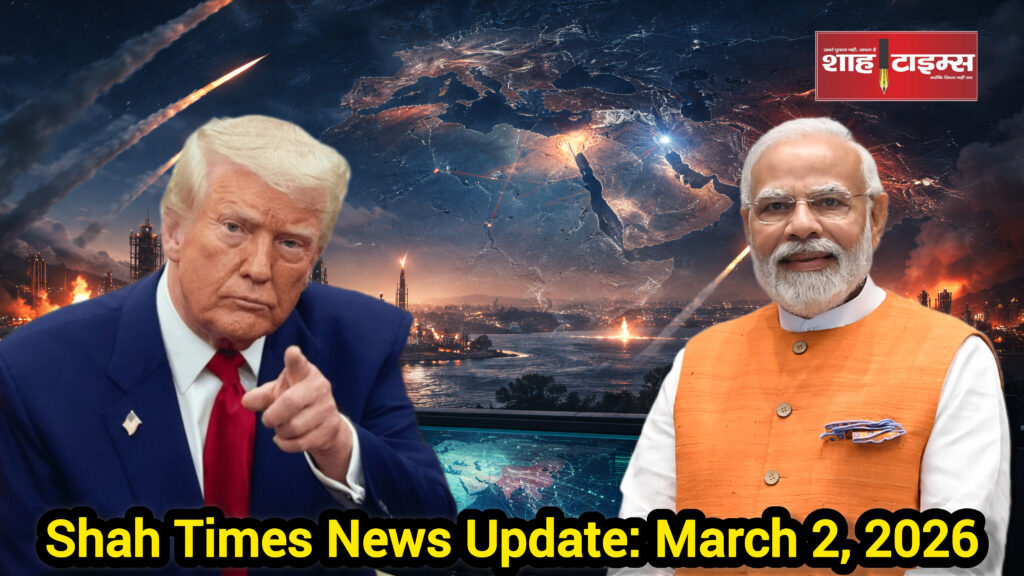 Shah Times graphic showing Middle East conflict zones, global leaders, and market impact update March 2 2026.