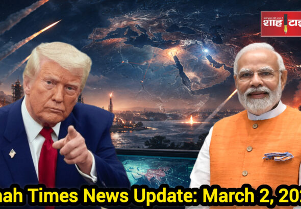 Shah Times graphic showing Middle East conflict zones, global leaders, and market impact update March 2 2026.