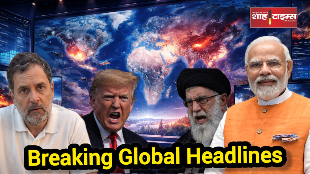 World conflict map and India news updates infographic illustration for Shah Times.