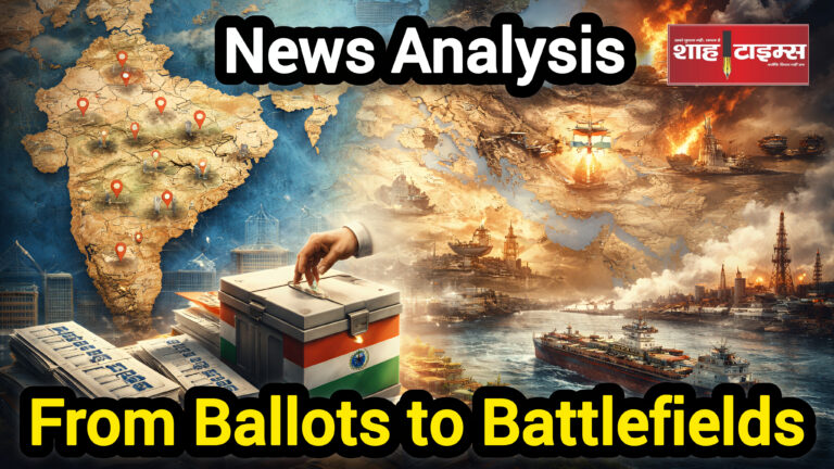 India elections announcement and Middle East conflict geopolitical illustration Shah Times