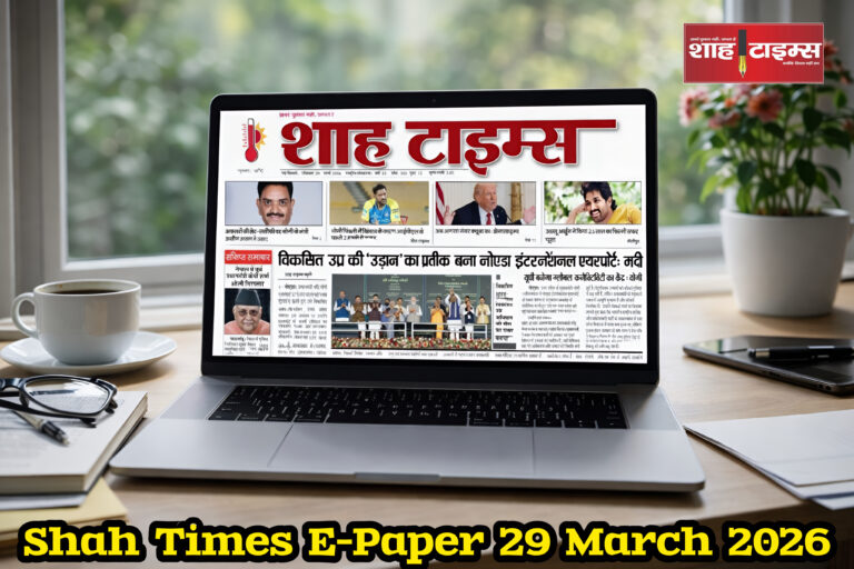 Shah Times E-Paper पढ़ते हुए एक आधुनिक न्यूज़रूम का दृश्य