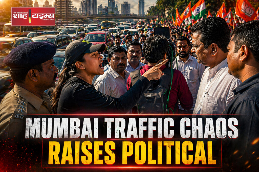 Shah Times image showing public anger over traffic disruption during political rally in Mumbai