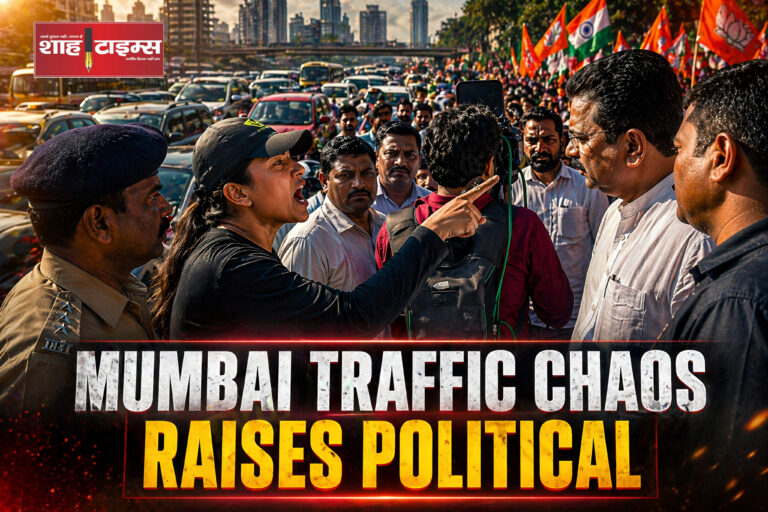 Shah Times image showing public anger over traffic disruption during political rally in Mumbai