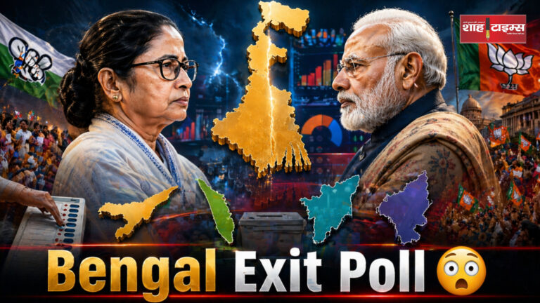 Shah Times election exit poll graphic showing BJP TMC Congress seat projections