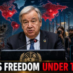 Antonio Guterres speaking at UN podium with global map red alert zones journalists behind bars protest visuals press freedom crisis