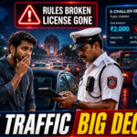 Indian traffic police officer issuing digital challan to shocked driver on Delhi road with CCTV cameras and e-challan alerts