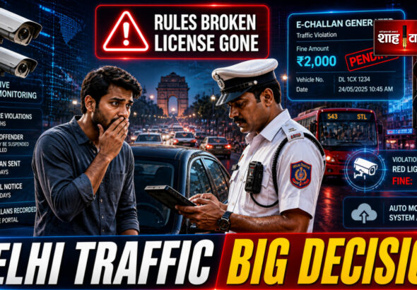 Indian traffic police officer issuing digital challan to shocked driver on Delhi road with CCTV cameras and e-challan alerts