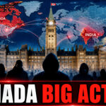 Canadian Parliament building with red security alert graphics, shadow figures, and global map showing Canada India connection