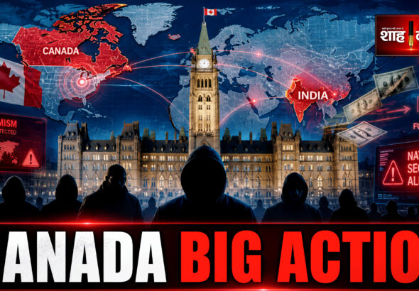Canadian Parliament building with red security alert graphics, shadow figures, and global map showing Canada India connection
