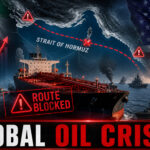 Map of Strait of Hormuz with blocked shipping route, oil tanker stopped, US and Iran flags, rising oil price graph, naval ships in tense situation