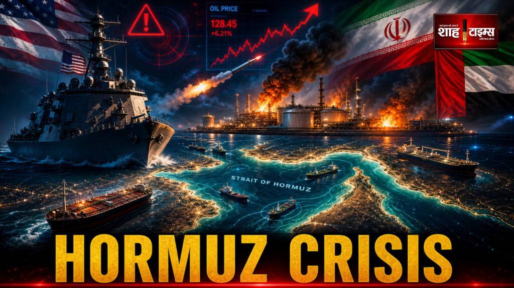 Shah Times newsroom visual showing Strait of Hormuz crisis, UAE oil facility fire, naval ships and oil charts.