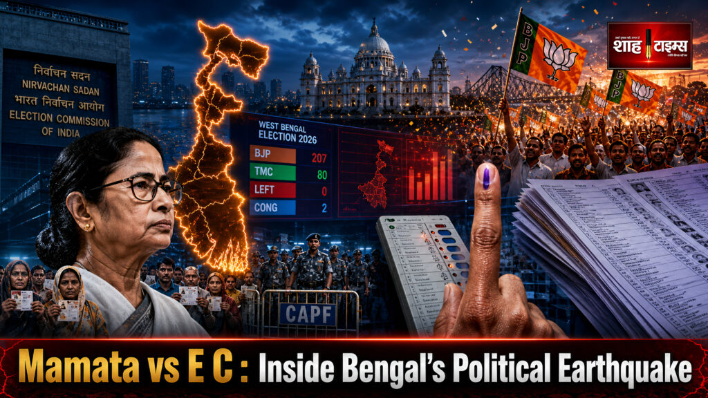 Shah Times cinematic newsroom image showing West Bengal election 2026, BJP victory, Mamata Banerjee, voter list controversy and Election Commission debate.