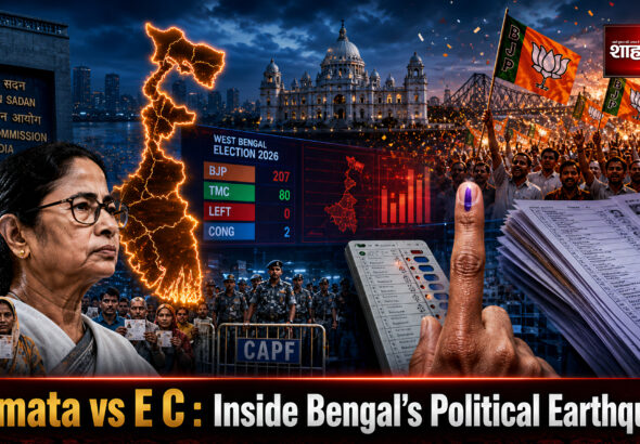 Shah Times cinematic newsroom image showing West Bengal election 2026, BJP victory, Mamata Banerjee, voter list controversy and Election Commission debate.