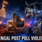 Shah Times cinematic visual showing Bengal post poll violence, TMC office demolition and political unrest.
