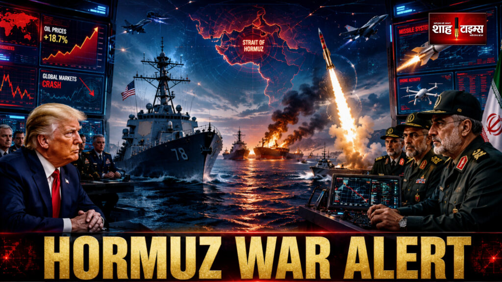 Shah Times cinematic visual showing US warships and Iranian missile threat in Strait of Hormuz.