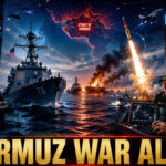 Shah Times cinematic visual showing US warships and Iranian missile threat in Strait of Hormuz.