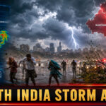 Shah Times weather alert graphic showing thunderstorm clouds over North India.