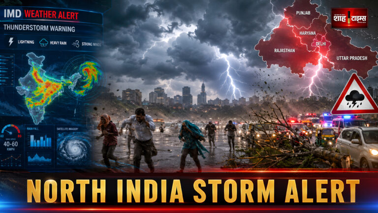 Shah Times weather alert graphic showing thunderstorm clouds over North India.