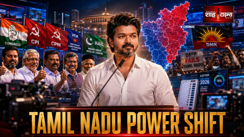 Shah Times political visual of Vijay TVK alliance support in Tamil Nadu