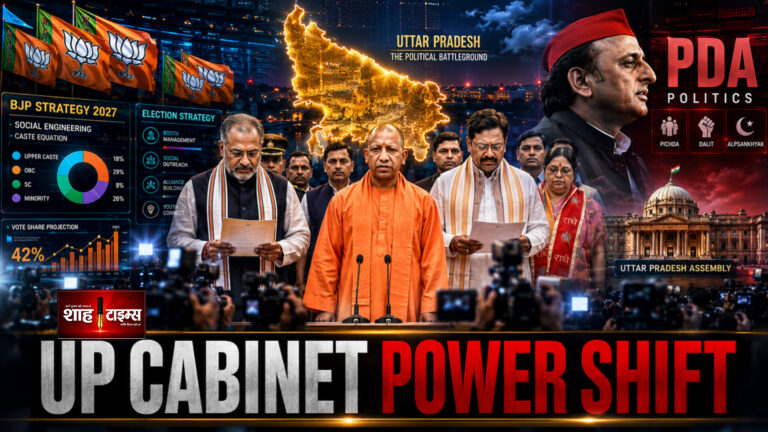 Shah Times visual showing Yogi Adityanath cabinet expansion ceremony in Uttar Pradesh