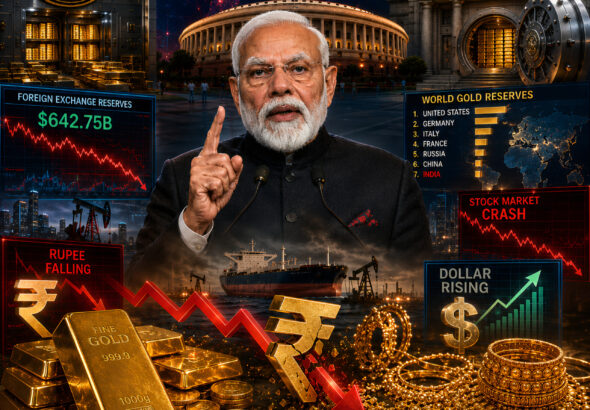 Shah Times graphic showing India gold reserve, global gold reserves and PM Modi economic appeal