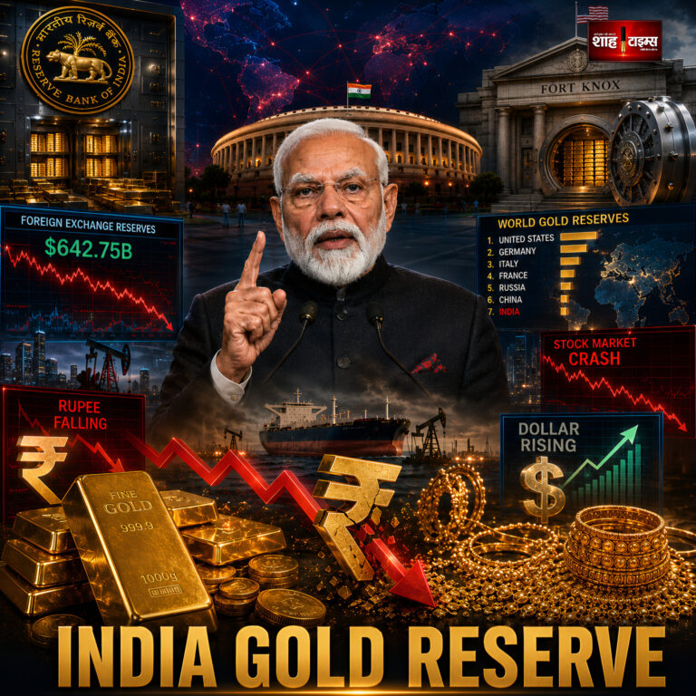 Shah Times graphic showing India gold reserve, global gold reserves and PM Modi economic appeal